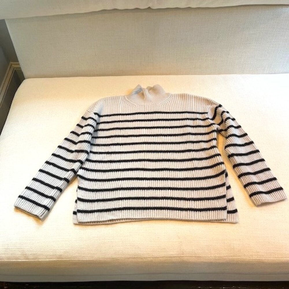 All Saints Black and Cream Striped Turtleneck Sweater